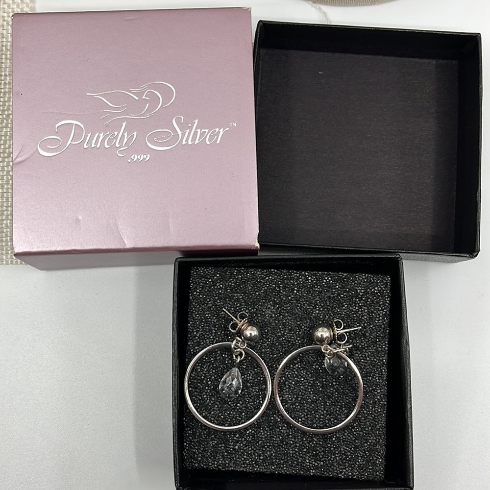 Purely Silver .999 Fine Silver Swarovski Crystal Hoop Earrings + Box - Picture 7 of 10